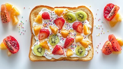 Colorful fruit-topped toast with creamy spread, perfect for breakfast or snack time. A delightful blend of flavors and textures.