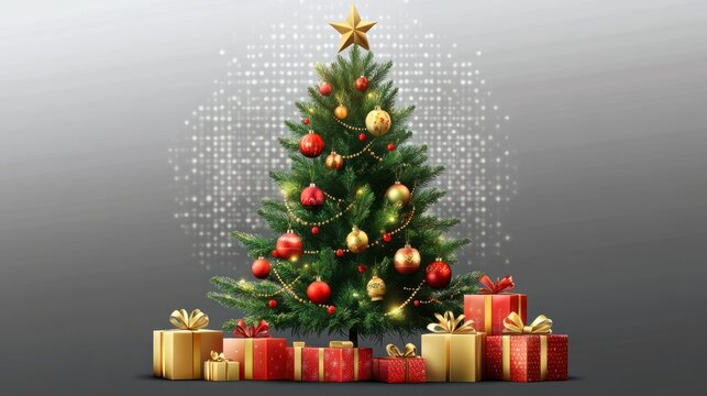 A magic decorated christmas tree with gifts background transparent background