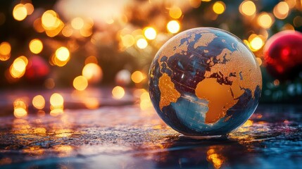 A shimmering globe symbolizes the unity of worldwide New Year's traditions, capturing the shared spirit of celebration and hope