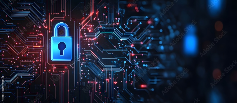Aufkleber digital blue lock symbol with circuit board and data stream background for security technology conce
