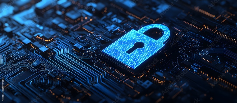 Aufkleber digital blue lock symbol with circuit board and data stream background for security technology conce