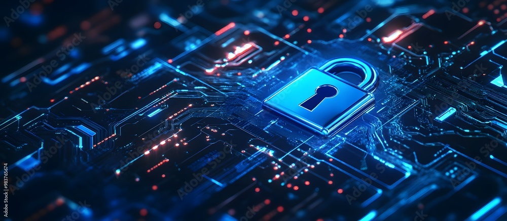 Aufkleber digital blue lock symbol with circuit board and data stream background for security technology conce