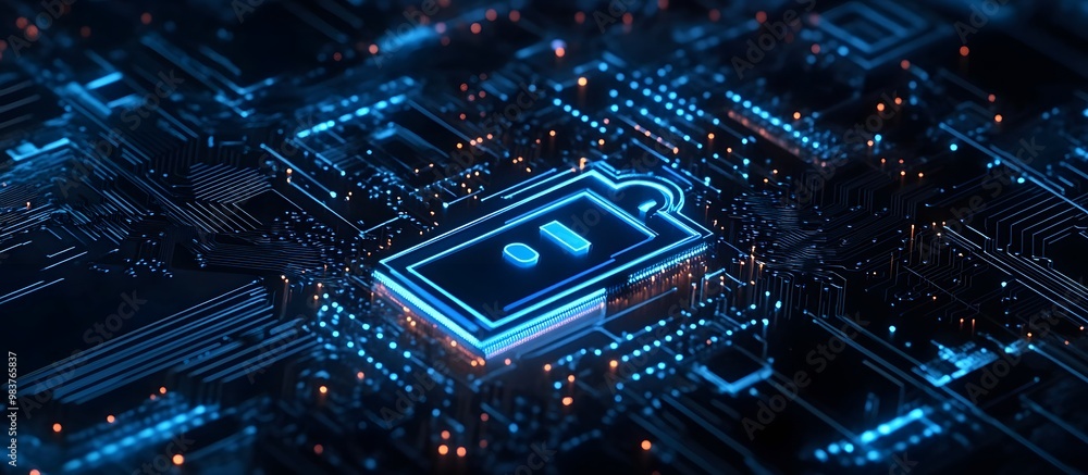 Aufkleber digital blue lock symbol with circuit board and data stream background for security technology conce
