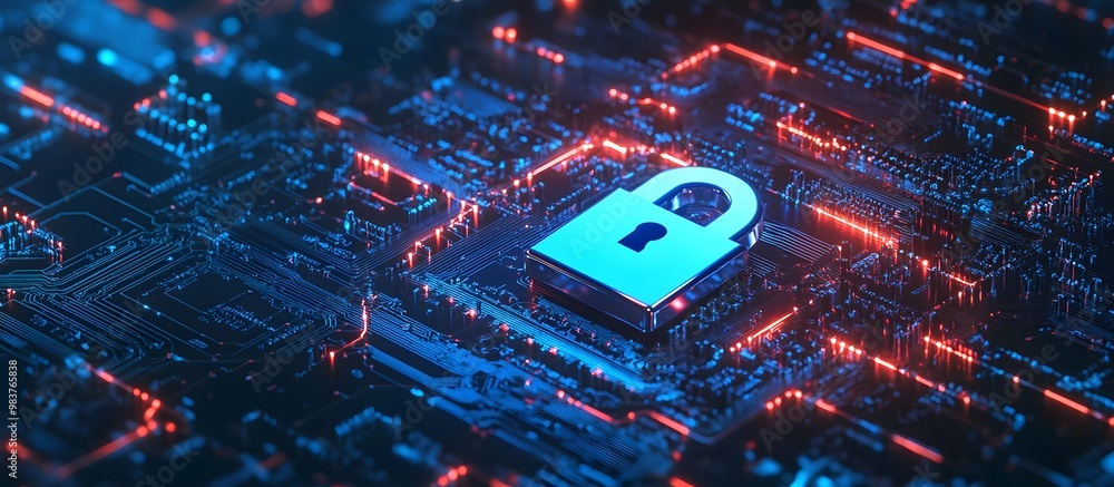 Aufkleber digital blue lock symbol with circuit board and data stream background for security technology conce