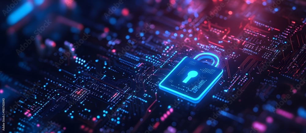 Aufkleber digital blue lock symbol with circuit board and data stream background for security technology conce