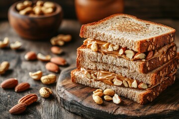 Toasted Bread with Peanut Butter and Nuts Sandwich