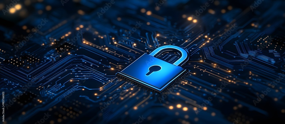 Aufkleber digital blue lock symbol with circuit board and data stream background for security technology conce