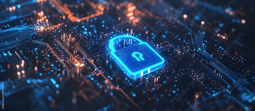 Aufkleber digital blue lock symbol with circuit board and data stream background for security technology conce