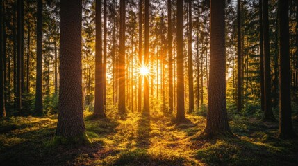 Fototapeta premium A serene forest scene with sunlight filtering through tall trees, creating a tranquil atmosphere.