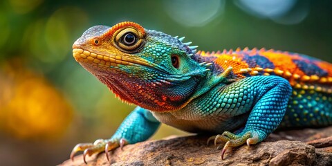 Obraz premium A vivid close-up of a rhino lizard reveals its distinct characteristics amid a lush, natural habitat, showcasing its