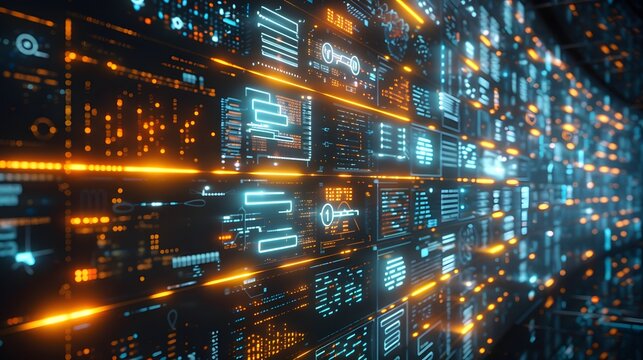 A massive digital wall glowing with security rules, acting as an impenetrable barrier between trusted and untrusted networks, controlling the flow of data with visual representations of allowed and bl