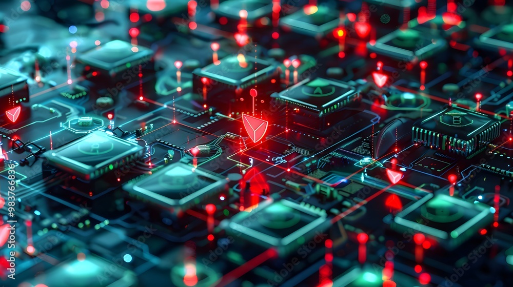 Poster a high-tech defense grid detecting and responding to potential network intrusions, with glowing red 