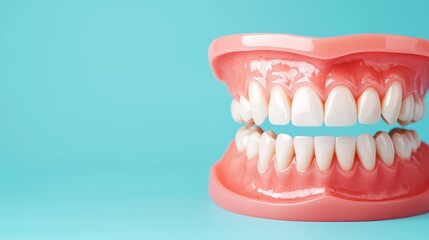 Obraz premium Realistic Model of Human Teeth and Gums on Blue Background