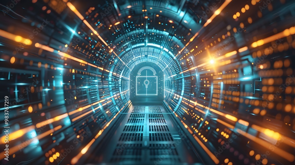 Poster a digital vault surrounded by glowing data streams, with encryption algorithms like aes, rsa, and sh