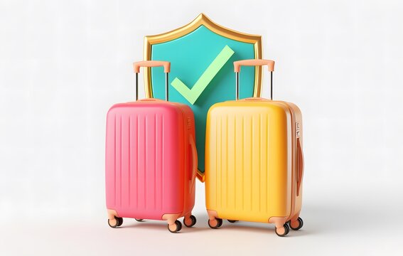 3D icon of luggage and a shield with a checkmark on white background. for vacation, travel company