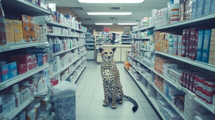 A cheetah stands in the middle of a pharmacy aisle, surrounded by shelves of medicine and health products.