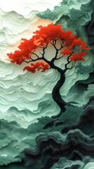 Bonzai Tree Trees Forest Serene Tranquil Paper Cut Phone Mobile Wallpaper Background Illustration