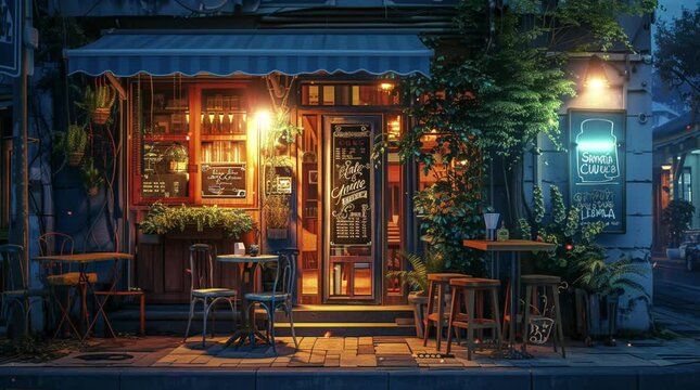  Charming outdoor caf&eacute; aglow with soft lighting, creating a warm and inviting atmosphere on a serene night
 Seamless looping 4k time-lapse virtual video animation Generated AI