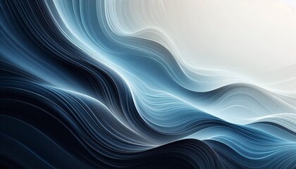 Abstract blue and black wave patterns flowing through a soft landscape background with gentle light