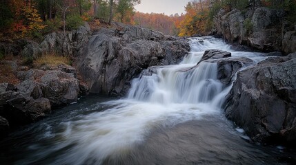 A serene waterfall cascading over rocky terrain amidst autumn foliage.
