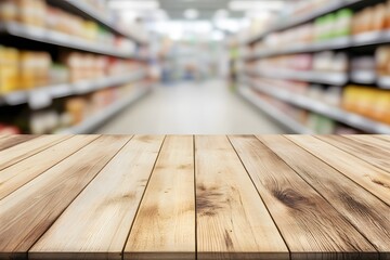 Empty wooden table top with a blurred supermarket interior background 