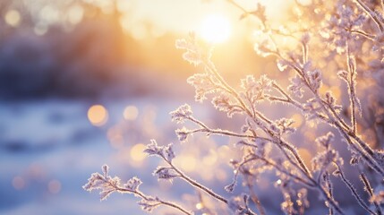 Branches in hoarfrost glisten in the sunlight. Winter landscape with sun flares