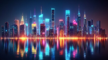 Fototapeta premium Neon-lit cityscape reflected in calm water at night