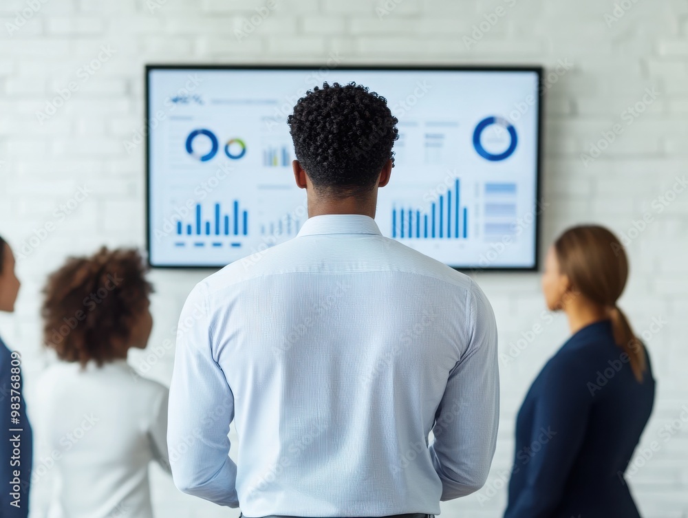 Poster business team analyzing data on screen, focusing on statistics and graphs for strategic planning and