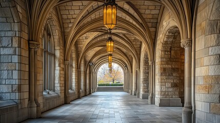 Fototapeta premium A serene stone corridor with arches and lanterns, leading to a vibrant outdoor scene.