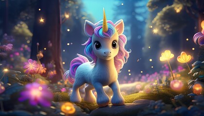 A whimsical unicorn stands in a magical forest, surrounded by glowing flowers and a serene atmosphere, invoking a sense of wonder and enchantment.