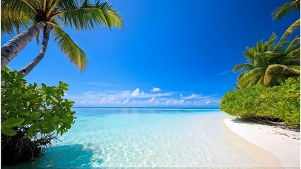 Crystal-clear turquoise sea reflecting blue sky, with an idyllic island covered in green palms_010