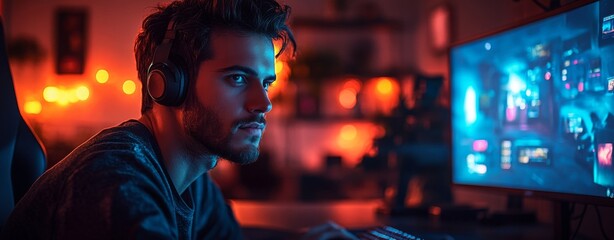 Obraz premium Focused Gamer in Dimly Lit Room with Neon Lights