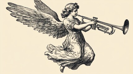 Christmas Angel flying and trumpet on pipe. Religious holiday. Hand drawn illustration in vintage engraving style transparent background