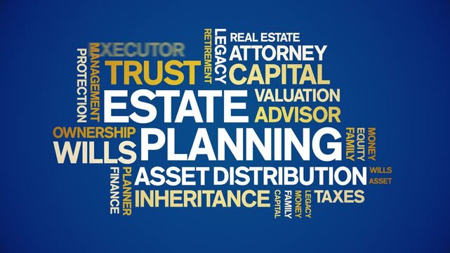 Estate Planning animated word cloud;text design animation tag kinetic typography seamless loop.
