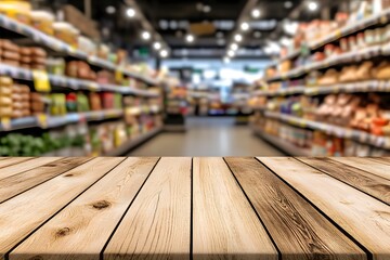 Empty wooden table top with a blurred supermarket interior background 