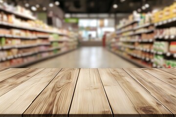 Empty wooden table top with a blurred supermarket interior background 