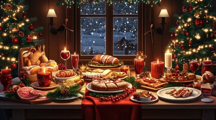 Fototapeta premium Christmas banquet in a cosy room. Food buffet for the holidays. Generative AI illustration. transparent background