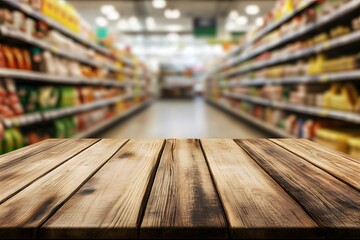 Empty wooden table top with a blurred supermarket interior background 