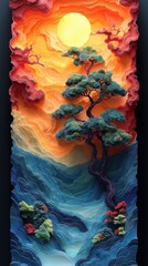 Bonzai Tree Trees Forest Serene Tranquil Paper Cut Phone Mobile Wallpaper Background Illustration