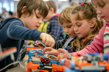 Children and technology "Children engaged with technology, using tablets, coding activities, and building robots for World Children's Day."