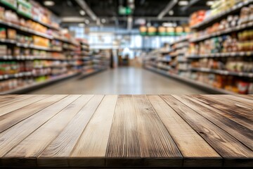 Empty wooden table top with a blurred supermarket interior background 