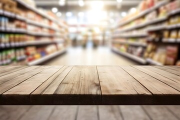 Empty wooden table top with a blurred supermarket interior background 