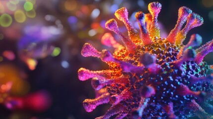 Fototapeta premium Close-Up of Virus Under Microscope Showcasing Complex Structures and Vibrant Colors Resembling Alien Organism