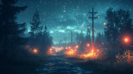 Fototapeta premium A mysterious path through a forest at night, lit by glowing lights.