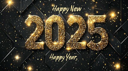 Glittering Gold 2025 New Year's Greeting on Black Geometric Background