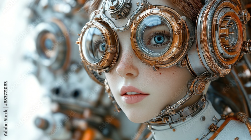 Poster a futuristic character with steampunk goggles and intricate machinery.