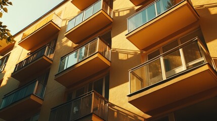 Modern apartment building with balconies, showcasing sunlight and architectural design.