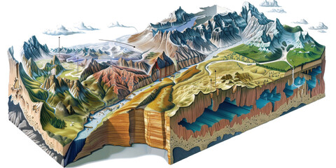 Cutaway diagram of a mountain range illustrating tectonic plate collision processes and their impact on Earth's surface
