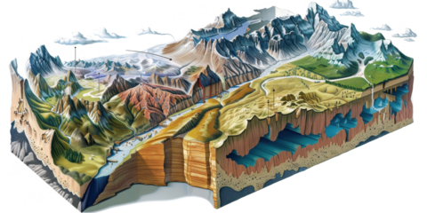 Cutaway diagram of a mountain range illustrating tectonic plate collision processes and their impact on Earth's surface