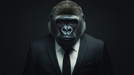A powerful gorilla wearing a black suit and tie, exuding authority and sophistication against a dark background.